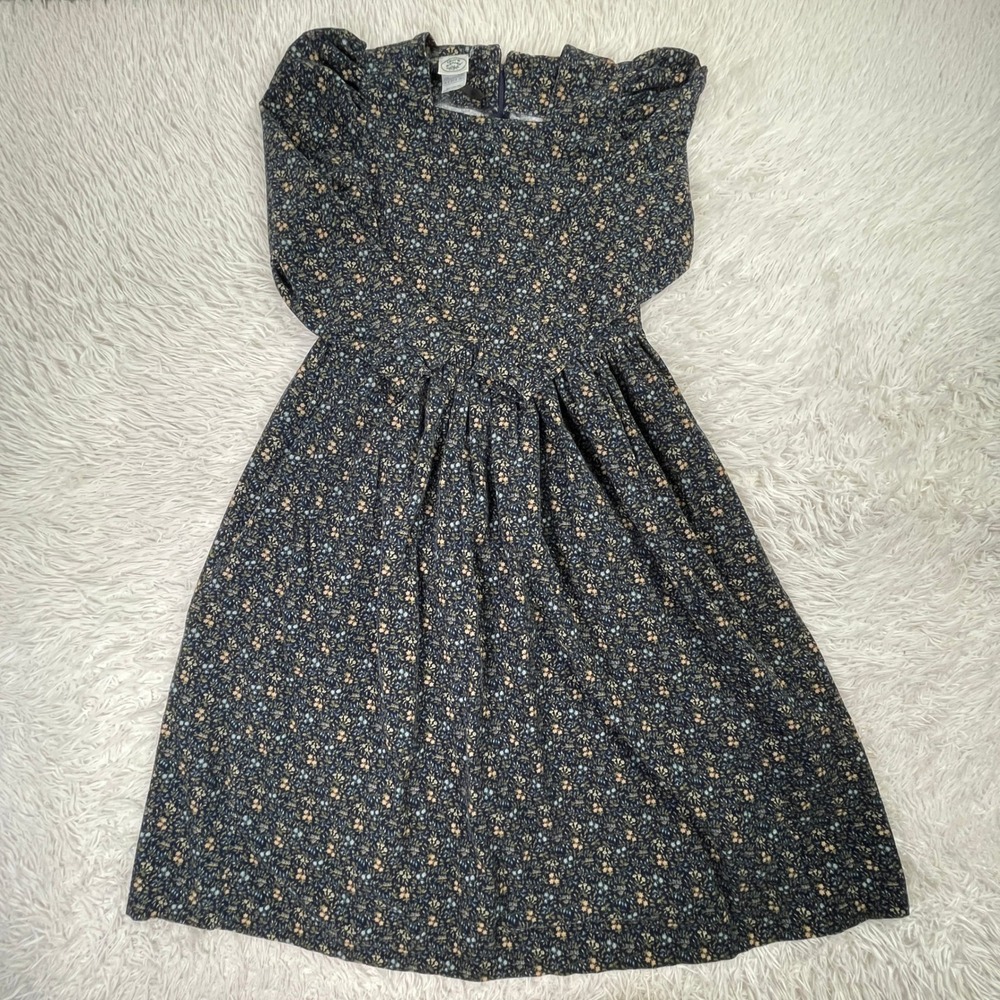 VTG Laura Ashley Dress Womens 8 Blue Floral Micro Corduroy Puffed Sleeve 80s 90s
